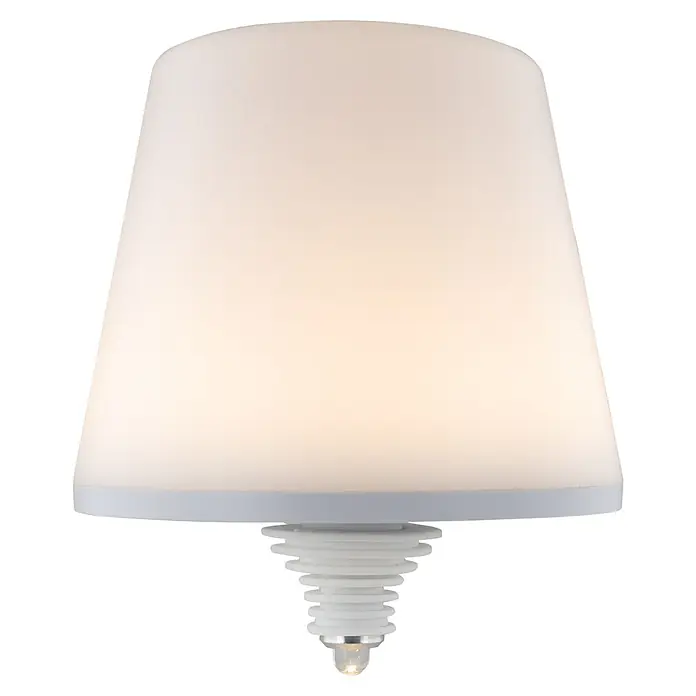 REV LED-Flaschenleuchte mit Akku und Solarpanel Lamprusco - 2 W, Warmweiß, Ø x H: 15 x 13,8 cm, Weiß, Solarbetrieben - Nahaufnahme einer weißen Lampe mit einem spiralförmigen Sockel und einem hellen, kegelförmigen Lampenschirm.