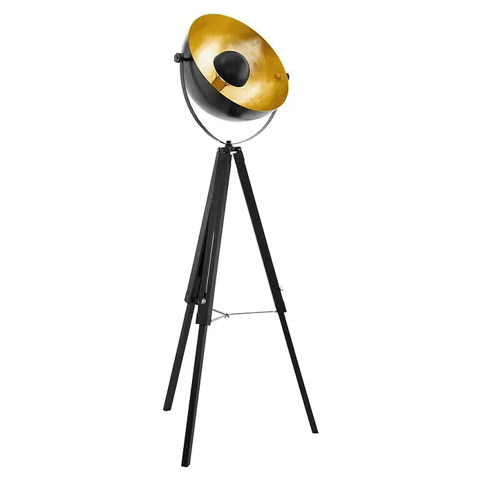 Eglo Stehleuchte Covaleda - Höhe: 164 cm - Stehleuchte mit Stativdesign in Schwarz und Gold. Das Innere des Lampenschirms ist goldfarben, was einen warmen Lichteffekt erzeugt.