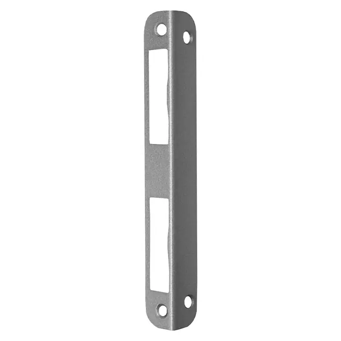 Stabilit Winkelblech - L x B x H: 170 x 20 x 20 mm - Graue, längliche Türschließblech mit Aussparungen und Befestigungslöchern für eine sichere Montage an Türrahmen.
