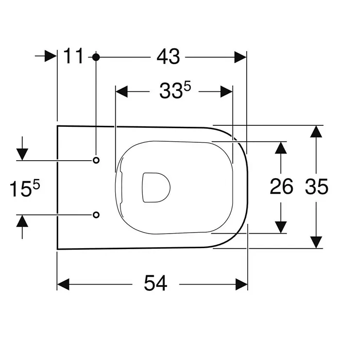 Geberit Renova Plan Wand-WC - Spülrandlos, Mit schmutzabweisender Glasur, Spülform: Tief, WC Abgang: Waagerecht, Weiß, Teilgeschlossenes Design - Technische Zeichnung einer Toilettenschüssel mit Abmessungen in der Draufsicht.