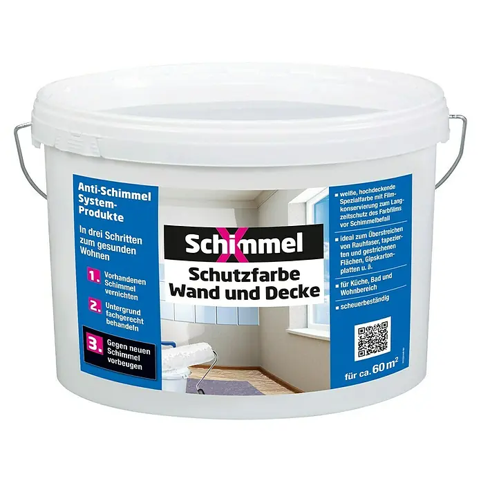 SchimmelX Wandfarbe Schutzfarbe Wand und Decke - Weiß, Matt, 10 l - Eimer mit Anti-Schimmel-Systemfarbe für Wände und Decken, ideal für Küche, Bad und Wohnbereich. Scheuerbeständig und für ca. 60 m².