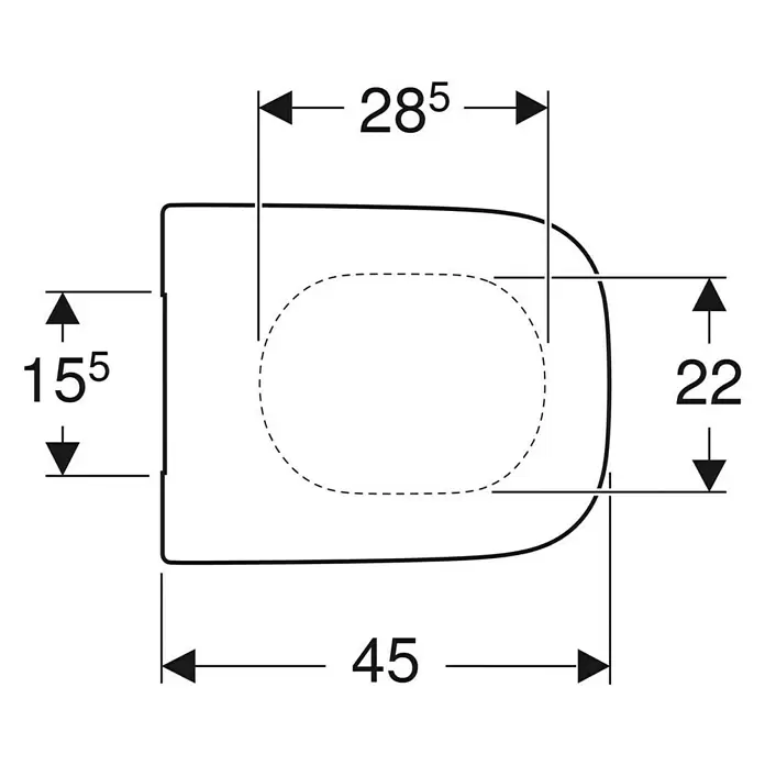 Geberit Renova Plan WC-Sitz - Duroplast, Weiß, Mit Absenkautomatik, Nicht abnehmbar - Technische Zeichnung eines Toilettensitzes mit Gesamtmaßen 45x28,5 und Öffnungsmaßen 22x15,5.