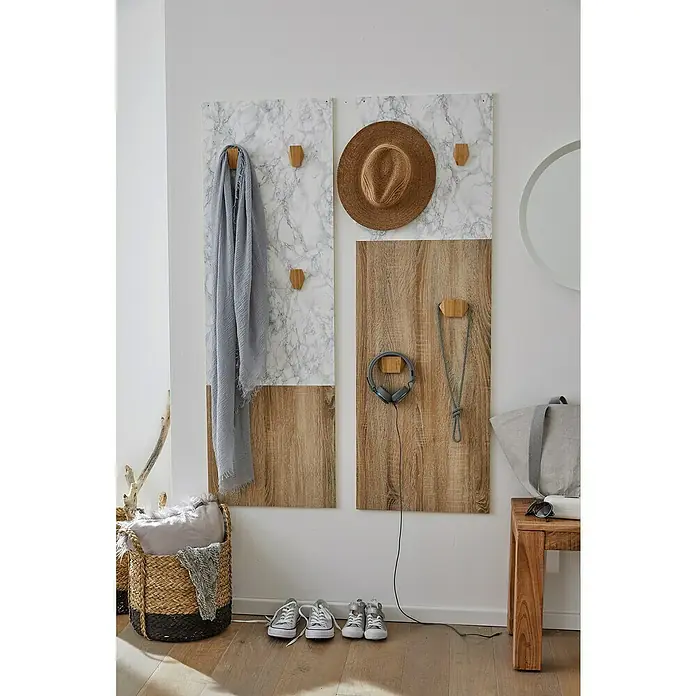 D-c-fix Holzoptikfolie Sonoma Eiche - 210 x 90 cm, Hell, Selbstklebend - Wandgarderobe mit Haken und Accessoires, bestehend aus Paneelen in Marmor- und Holzoptik. Ideal für Flur oder Eingangsbereich.