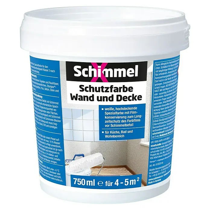 SchimmelX Wandfarbe Schutzfarbe Wand und Decke - Weiß, Matt, 750 ml - Produktbild: Eimer Schimmel Schutzfarbe Wand und Decke. Weiß, hochdeckend, für Küche, Bad und Wohnbereich, 750 ml, gegen Schimmelbefall.