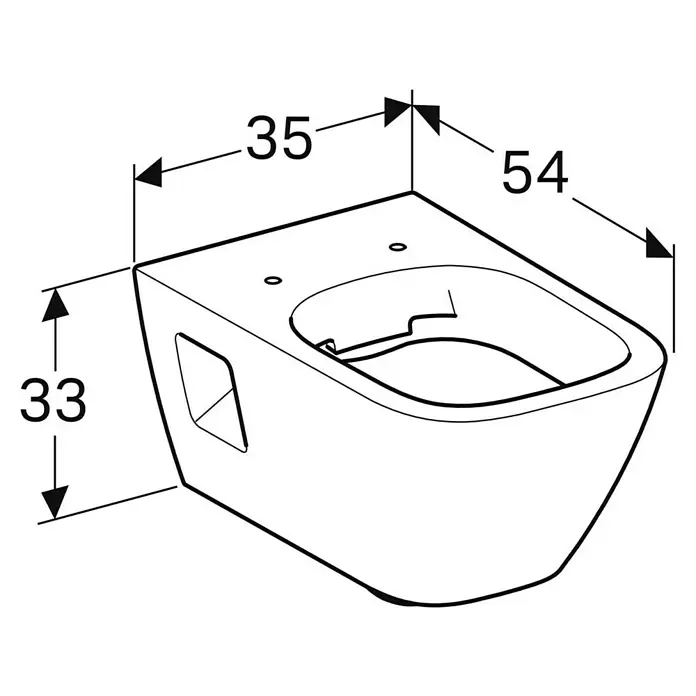 Geberit Renova Plan Wand-WC - Spülrandlos, Mit schmutzabweisender Glasur, Spülform: Tief, WC Abgang: Waagerecht, Weiß, Teilgeschlossenes Design - Weißes wandhängendes Keramik-WC mit den Maßen 33, 35 und 54.
