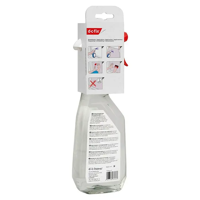 D-c-fix Fensterfolie Montageflüssigkeit - 500 ml, Farblos - Nahaufnahme einer Flasche d-c-fix Montageflüssigkeit mit Anwendungshinweisen für eine blasenfreie Nassverarbeitung von Folien.