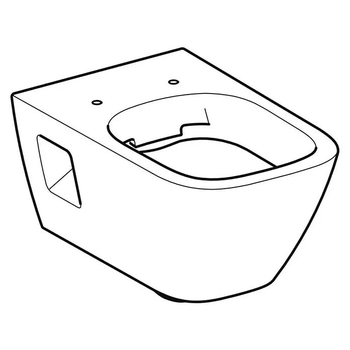 Geberit Renova Plan Wand-WC - Spülrandlos, Mit schmutzabweisender Glasur, Spülform: Tief, WC Abgang: Waagerecht, Weiß, Teilgeschlossenes Design - Technische Zeichnung einer weißen, wandhängenden Keramik-WC-Schüssel.