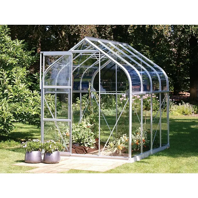Vitavia Gewächshaus Orion 5000 - Außenmaß inkl. Dachüberstand (B x T): 202 x 257 cm, 3 mm, Silbergrau - Ein Gewächshaus mit geöffneter Tür steht auf einer gepflasterten Fläche im Garten. Pflanzen wachsen drinnen, Blumenkübel davor.