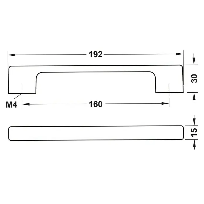 Häfele Tirador para muebles 110.22.036 - L x An x Al: 19,2 x 3 x 1,5 cm - Dibujo técnico de un tirador de armario con dimensiones 192 x 30 x 15 mm y una rosca M4 con una distancia de 160 mm.