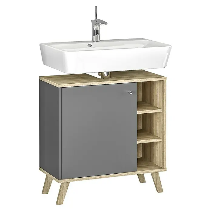 Astor Waschtischunterschrank - 65 x 33 x 60,5 cm, Anthrazit/Eiche Hell - Waschbeckenunterschrank mit grauer Tür und offenen Regalen aus Holz, ideal für moderne Badezimmer.