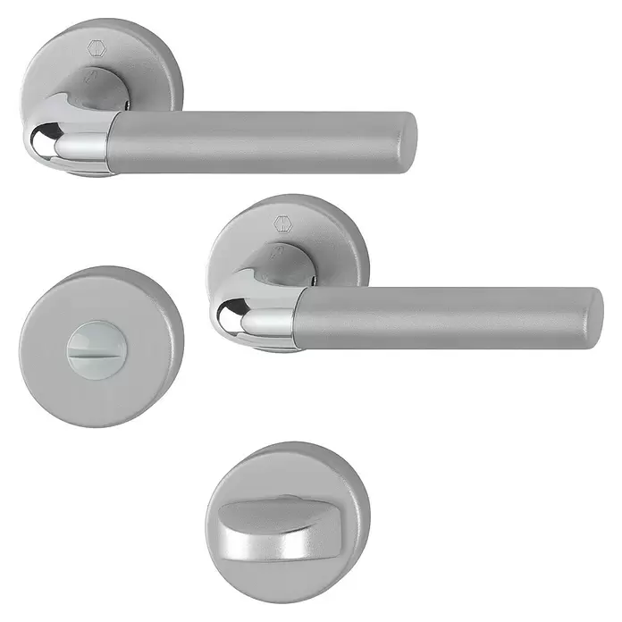 Hoppe WC-Drückergarnitur Bremen WC - Buntbart, Aluminium - Set aus silber/grauen Metall-Türgriffen und WC-Verriegelungen, mit Chromakzenten und satinierter Oberfläche der Griffe.