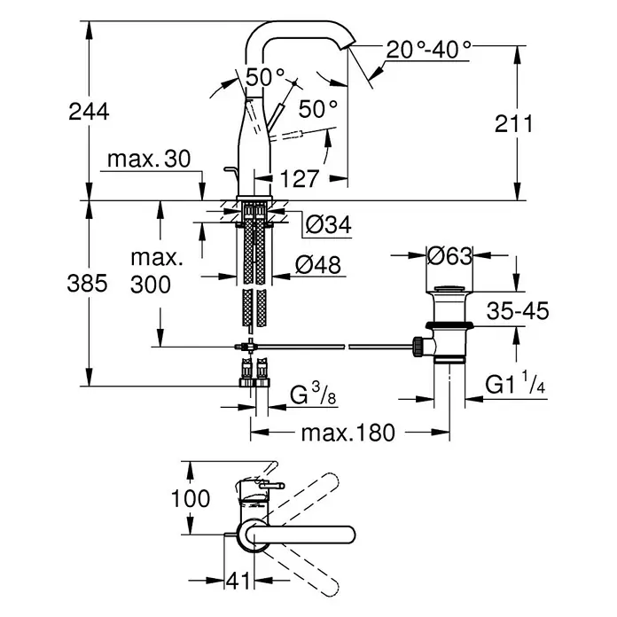 Grohe Essence New Waschtischarmatur L-Size - Mit Zugstange, Supersteel, Glänzend - Technische Zeichnung einer Armatur mit Maßen und Winkeln, inklusive Auslaufhöhe und Griffposition.
