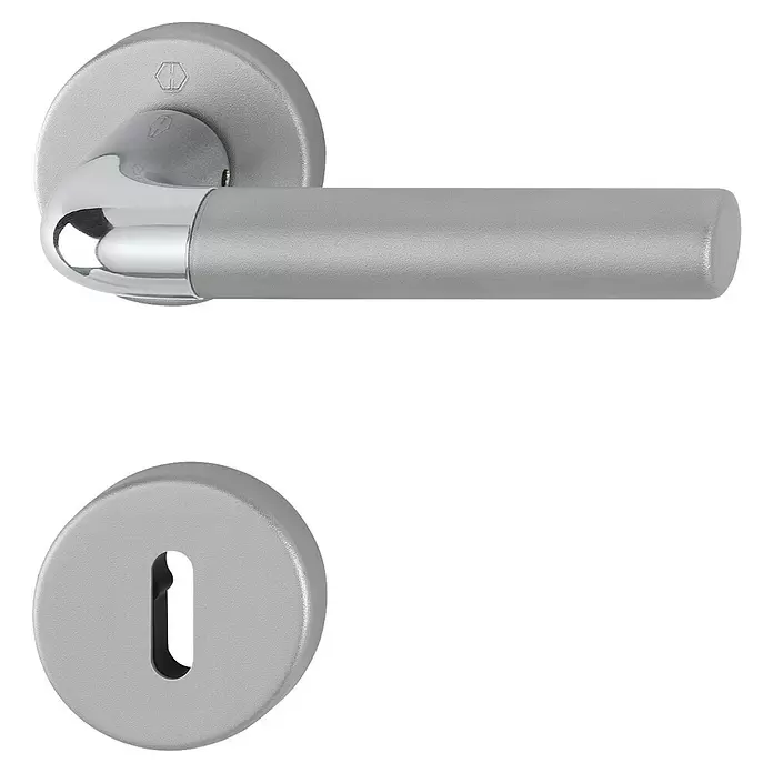 Hoppe Drückergarnitur Bremen - Stärke Tür: 37 mm - 42 mm, Aluminium - Silberfarbene mattierte Türklinke mit polierten Chromakzenten und passender Rosette für Schlüsselloch.