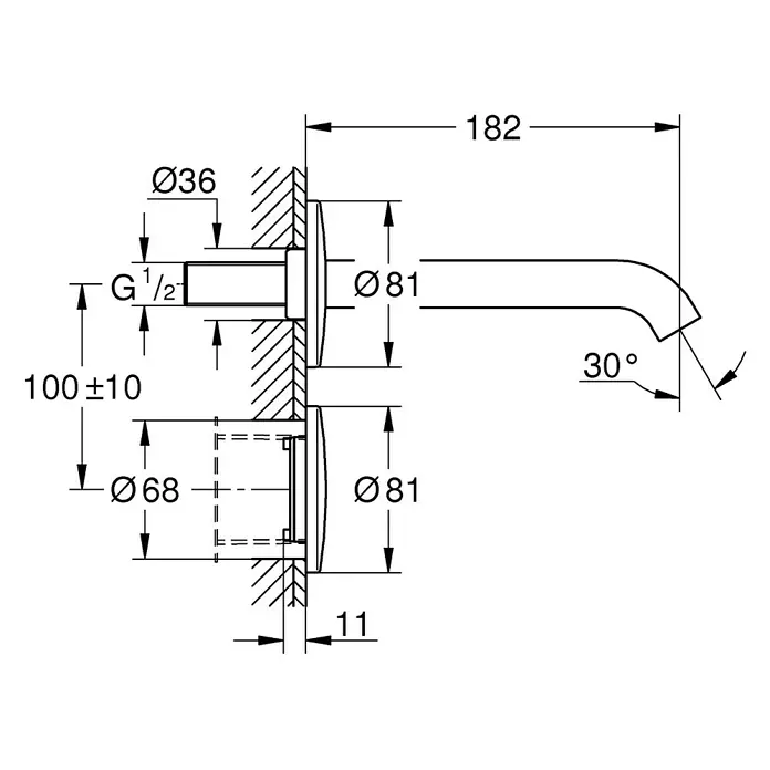 Grohe Essence Waschtischarmatur E - Wandmontage, Chrom, Glänzend, Ausladung Armatur: 182 mm - Technische Zeichnung einer Wandarmatur mit Bemaßungen.