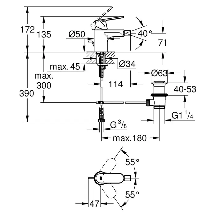 Grohe Eurosmart Cosmopolitan Bidetarmatur - Chrom, Glänzend - Technische Zeichnung einer Armatur mit Maßangaben zu Höhe, Durchmesser und Ausladung für die Installation.