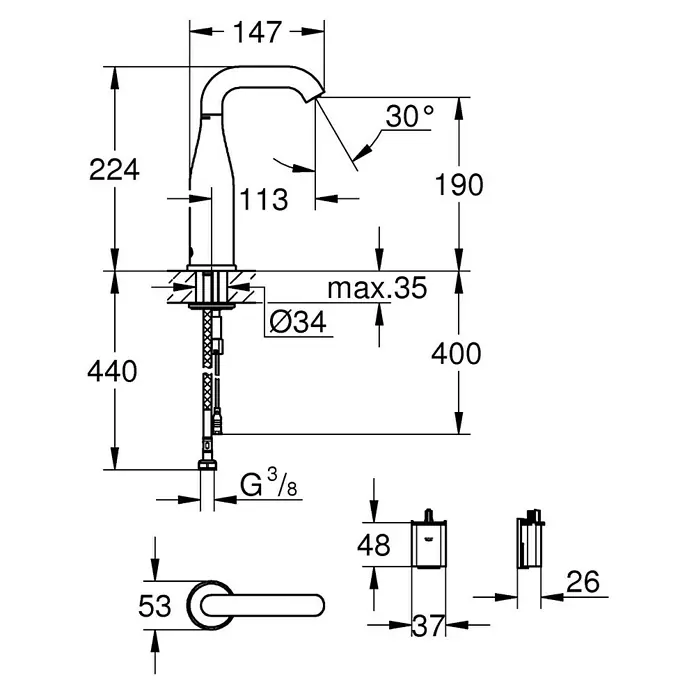 Grohe Essence Waschtischarmatur batteriebetrieben - Infrarot-Elektronik, Chrom, Glänzend, Höhe: 22,4 cm - Technische Zeichnung einer Armatur mit Maßen und Winkeln, inklusive Griff und Befestigungselementen.