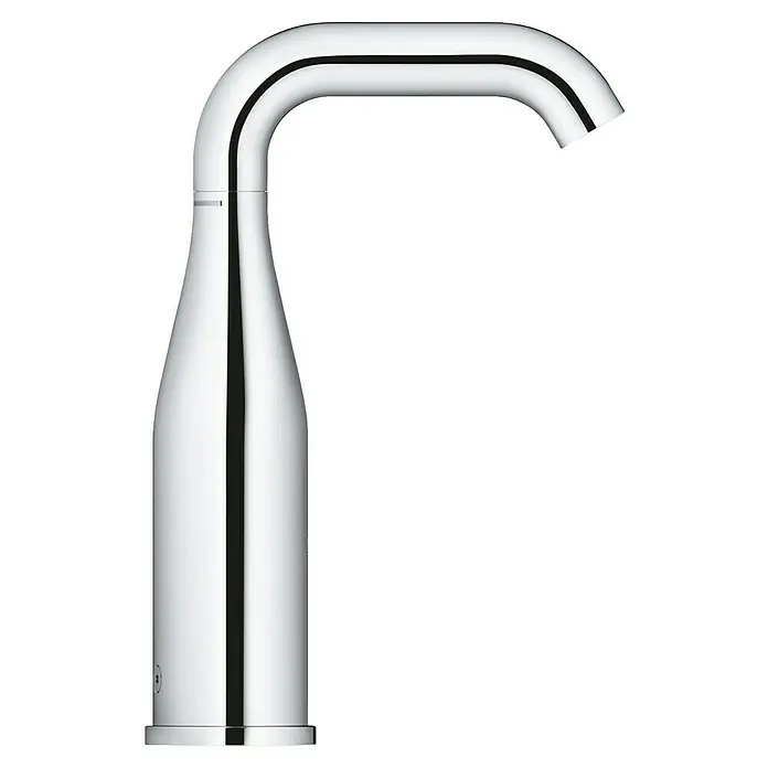 Grohe Essence Waschtischarmatur batteriebetrieben - Infrarot-Elektronik, Chrom, Glänzend, Höhe: 22,4 cm - Nahaufnahme eines glänzenden, silberfarbenen Wasserhahns mit einem schlanken, gebogenen Design vor einem neutralen, schwarzen Hintergrund.