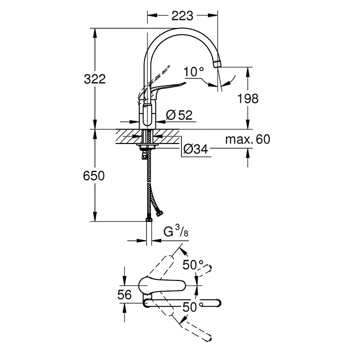 Grohe Euroeco Special Spültischarmatur - C-Auslauf, Chrom, Glänzend - Technische Zeichnung einer Küchenarmatur mit den Maßen 223 mm Breite, 322 mm Höhe und einem Auslauf von 198 mm.