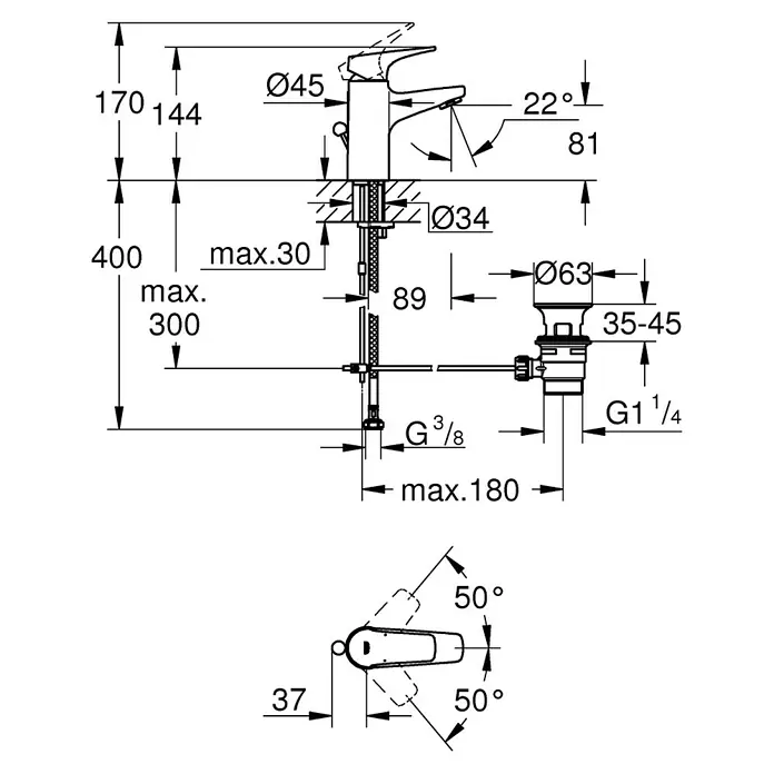 Grohe BauFlow Waschtischarmatur S-Size mit Energie-Sparfunktion - Chrom, Glänzend - Technische Zeichnung einer Armatur mit Maßen und Winkeln.