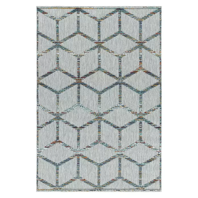 Outdoor-Teppich Bahama III - Multi, 200 x 140 cm, 100 % Polypropylen - Hellgrauer Teppich mit mehrfarbigem geometrischem Muster aus verbundenen Würfeln.