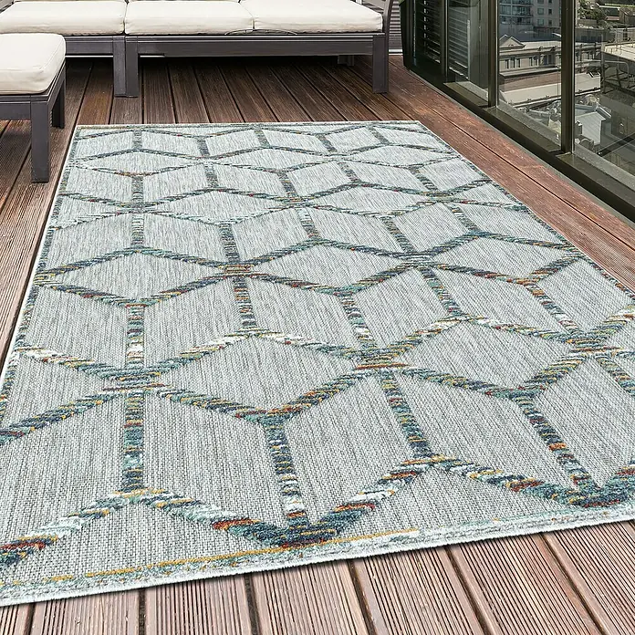 Outdoor-Teppich Bahama III - Multi, 200 x 140 cm, 100 % Polypropylen - Dieser Teppich für den Außenbereich hat ein modernes geometrisches Muster in Grau und farbigen Akzenten, ideal für Terrassen und Balkone.