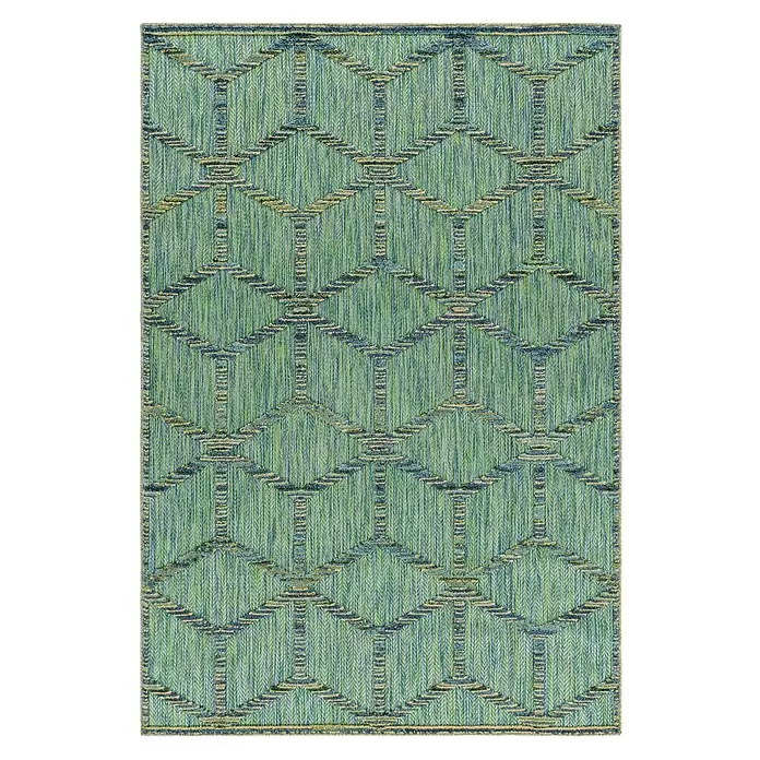 Outdoor-Teppich Bahama III - Grün, 250 x 80 cm, 100 % Polypropylen - Strukturierter Teppich mit ineinandergreifendem geometrischem Muster in Grün-, Blau- und Beigetönen.