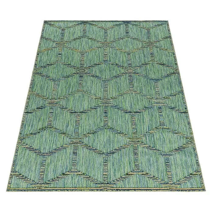 Outdoor-Teppich Bahama III - Grün, 250 x 80 cm, 100 % Polypropylen - Rechteckiger grün-blauer Webteppich mit wiederkehrendem geometrischem Rautenmuster.