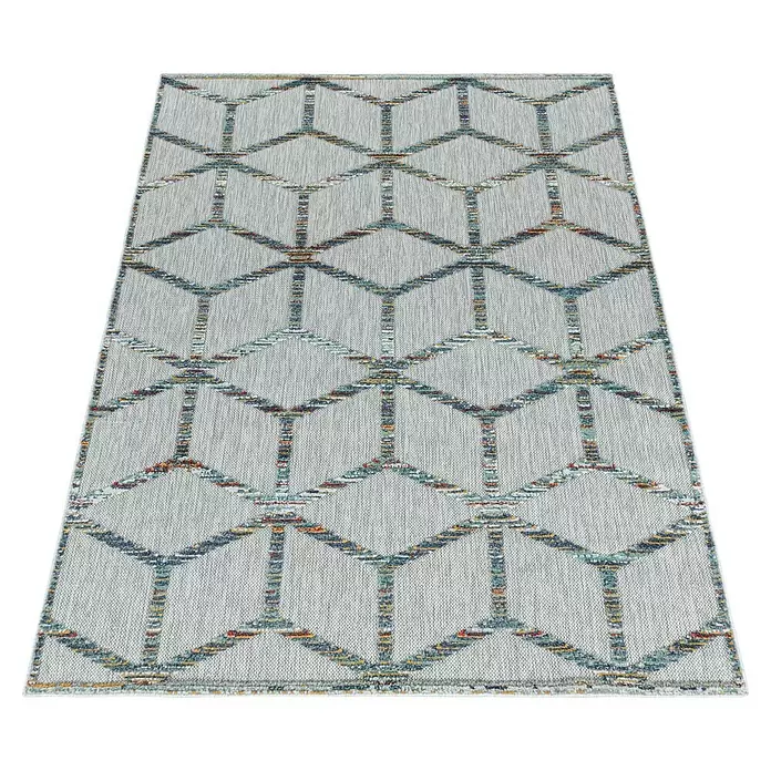 Outdoor-Teppich Bahama III - Multi, 200 x 140 cm, 100 % Polypropylen - Hellgrauer gewebter Teppich mit farbigem geometrischem Würfelmuster.