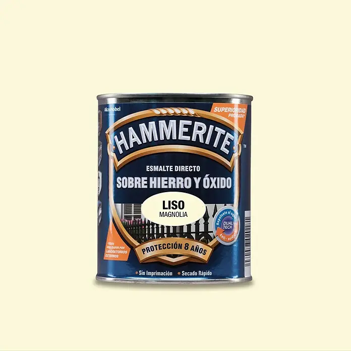 Hammerite Esmalte para metal Hierro y Óxido - Magnolia, 2,5 l, Efecto liso - Imagen de una lata de esmalte directo Hammerite "Sobre Hierro y Óxido" en color magnolia, que ofrece 8 años de protección y secado rápido.