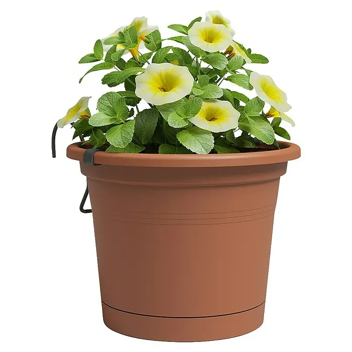 Artevasi Venezia Geländertopf - L x B x H: 25,5 x 20 x 16 cm, Kunststoff, Terrakotta - Ein brauner Blumentopf mit leuchtend gelben und weißen Blüten, die üppig darin wachsen, ideal für Garten und Balkon.