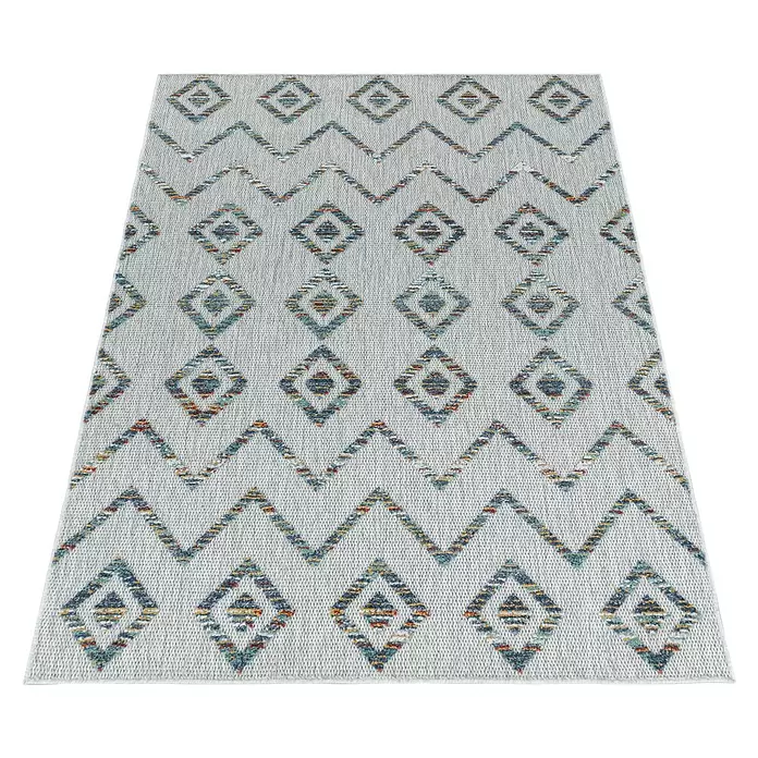 Outdoor-Teppich Bahama IV - Multi, 200 x 140 cm, 100 % Polypropylen - Hellgrauer Teppich mit farbenfrohen Rauten- und Zickzackmustern, perfekt für moderne Innenräume.