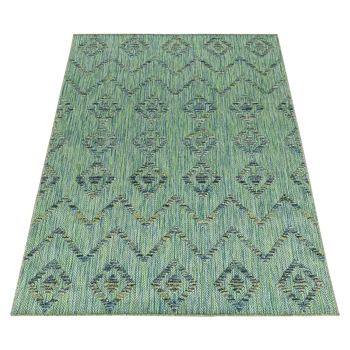 Outdoor-Teppich Bahama IV - Grün, 250 x 80 cm, 100 % Polypropylen - Ein grün, blau und gelb gemusterter Teppich mit Rautenformen.