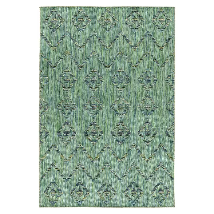 Outdoor-Teppich Bahama IV - Grün, 250 x 80 cm, 100 % Polypropylen - Grüner Webteppich mit blauem und gelbem geometrischem Rautenmuster.