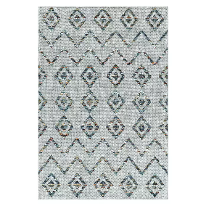 Outdoor-Teppich Bahama IV - Multi, 200 x 140 cm, 100 % Polypropylen - Hellgrauer Teppich mit bunten Rauten- und Zickzackmustern.