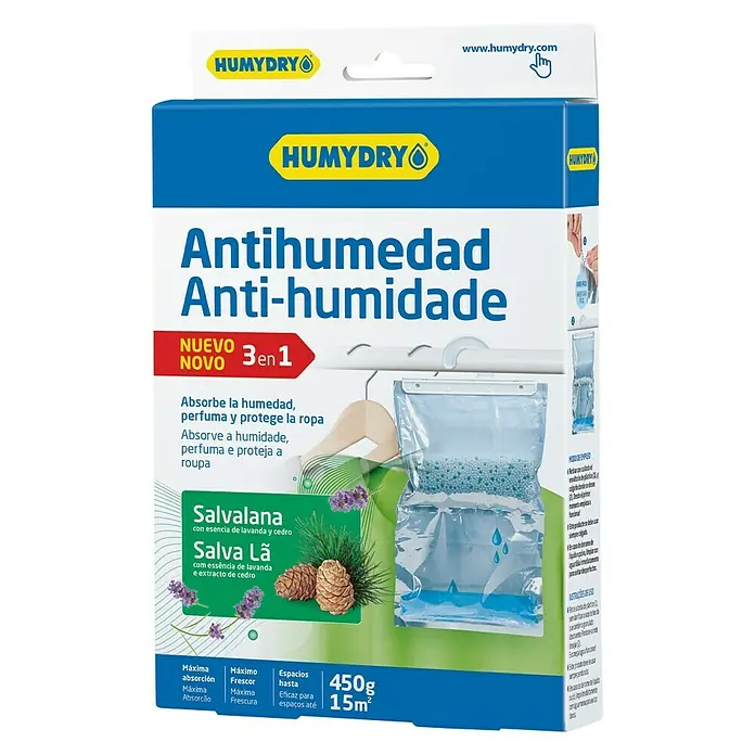 Humydry Deshumidificador Percha Salvalana - 450 g - Antihumedad HUMYDRY: Absorbe la humedad, perfuma y protege la ropa. Con esencia de lavanda y cedro para una fragancia fresca.