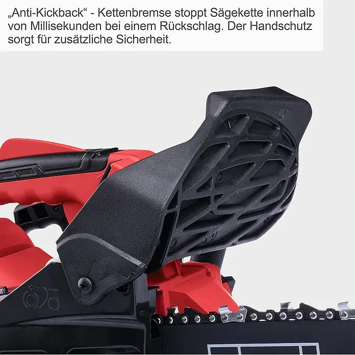 Scheppach Benzin-Kettensäge PCS26 Tophandle - 0,7 kW, 25,4 cm³, Schwertlänge: 25 cm - Nahaufnahme einer rot-schwarzen Kettensäge mit Kettenbremse und Handschutz für zusätzliche Sicherheit.