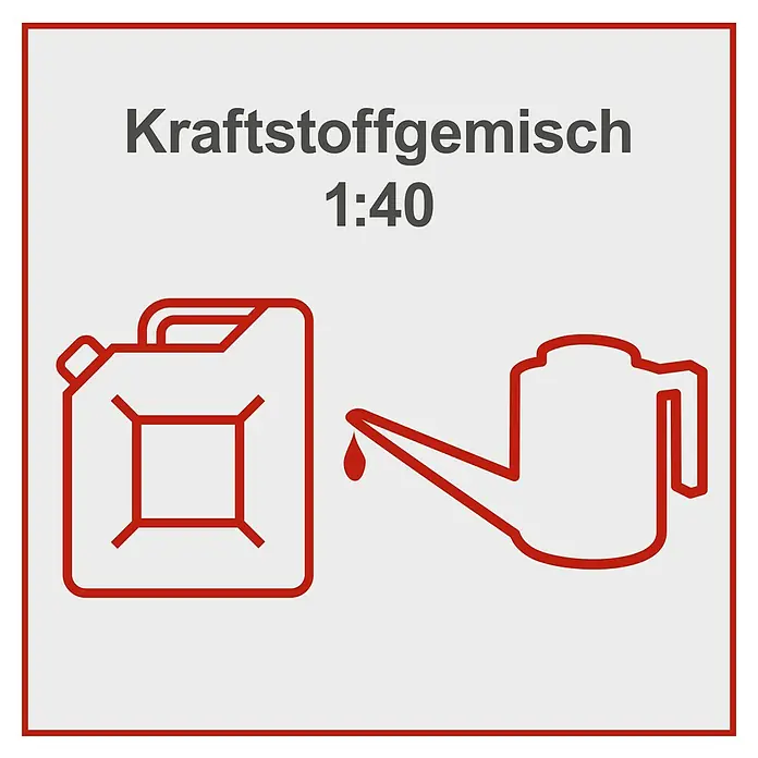 Scheppach Benzin-Kettensäge PCS56 - 2.300 W, 56 cm³, Schwertlänge: 51 cm, Max. Aststärke: 47 cm - Kraftstoffgemisch-Hinweis: Illustration einer Benzinkanister- und Ölkanne-Symbolik mit Mischungsverhältnisangabe für korrekte Kraftstoffmischung.