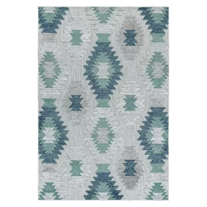 Outdoor-Teppich Bahama I - Blau, 200 x 140 cm, 100 % Polypropylen - Strukturierter Teppich mit wiederholtem geometrischem Muster aus blauen, türkisen und hellgrauen Rauten und Sanduhrformen.