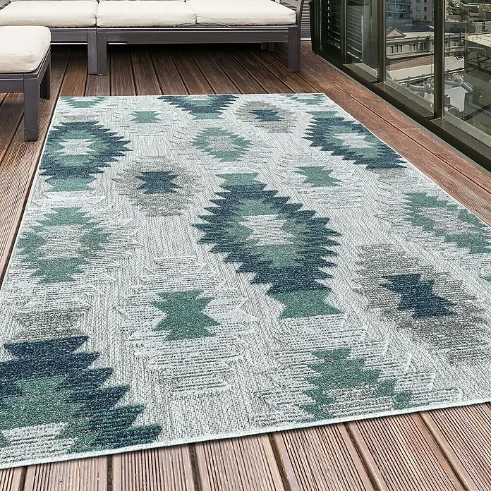 Outdoor-Teppich Bahama I - Blau, 200 x 140 cm, 100 % Polypropylen - Gemusterter Outdoor-Teppich in Blau- und Grautönen, der eine stilvolle und komfortable Atmosphäre im Außenbereich schafft.