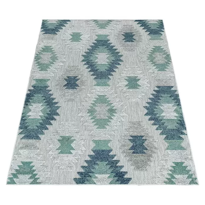Outdoor-Teppich Bahama I - Blau, 200 x 140 cm, 100 % Polypropylen - Rechteckiger Teppich mit hellgrauem Hintergrund und blauen, türkisen und cremefarbenen geometrischen Mustern.