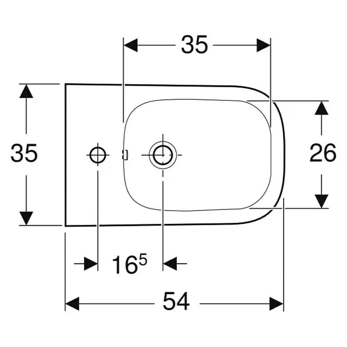 Geberit Renova Plan Wand-Bidet - 35 x 54 cm, Weiß, Keramik, Ohne Spezialglasur - Draufsicht einer Bidet-Keramik mit technischen Maßen und Befestigungspunkten.
