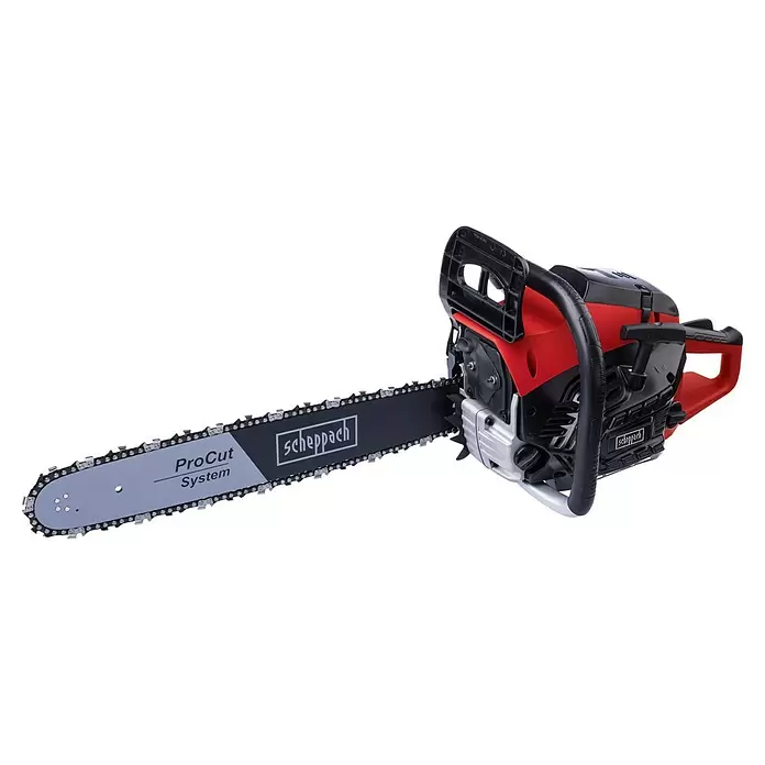 Scheppach Benzin-Kettensäge PCS46 - 1.800 W, 46 cm³, Schwertlänge: 45 cm, Max. Aststärke: 43 cm - Eine rote und schwarze Scheppach Kettensäge mit silbernem Schwert und Kette, mit "ProCut System" Schriftzug.