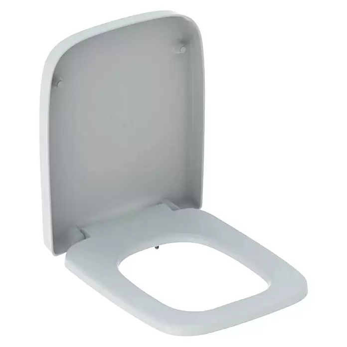 Geberit Renova Plan WC-Sitz - Duroplast, Weiß, Mit Absenkautomatik - Weißer quadratischer Toilettensitz mit geöffnetem Deckel.