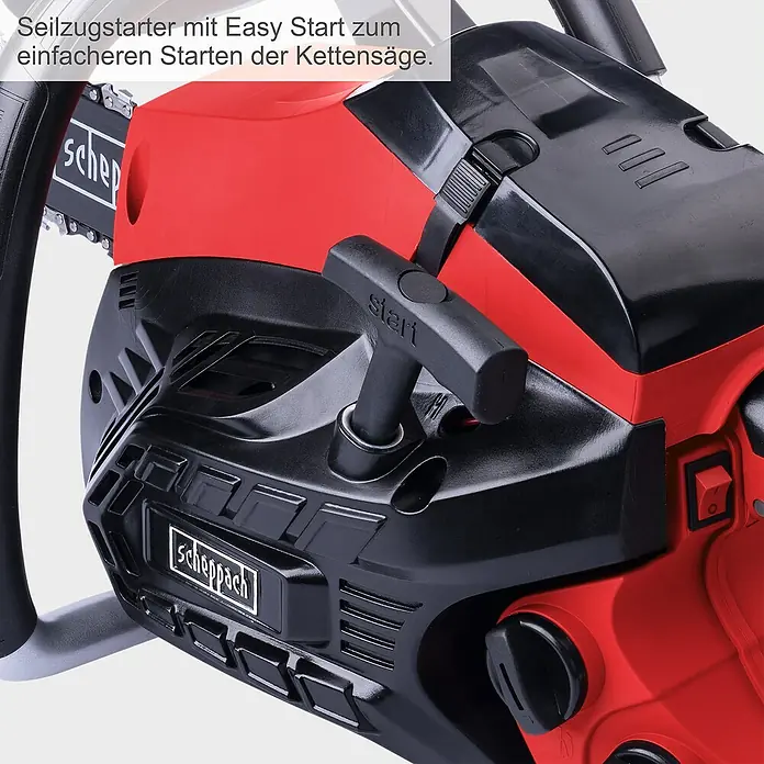 Scheppach Benzin-Kettensäge PCS38 - 1.300 W, 37,2 cm³, Schwertlänge: 35 cm, Max. Aststärke: 33,5 cm - Nahaufnahme einer Scheppach-Kettensäge, die mit einem Easy-Start-Seilzug ausgestattet ist, der das Starten erleichtert.