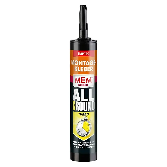 MEM Montagekleber ALLGROUND Turbo - Weiß, 450 g - Abbildung einer Kartusche MEM All Ground Turbo Montagekleber, ideal für verschiedene Materialien im Innen- und Außenbereich.
