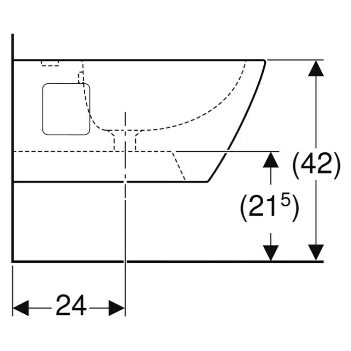 Geberit Renova Plan Wand-Bidet - 35 x 54 cm, Weiß, Keramik, Ohne Spezialglasur - Technische Zeichnung einer Wandtoilette, Seitenansicht, mit Installationsmaßen: Tiefe 24, Höhen 42 und 21,5.