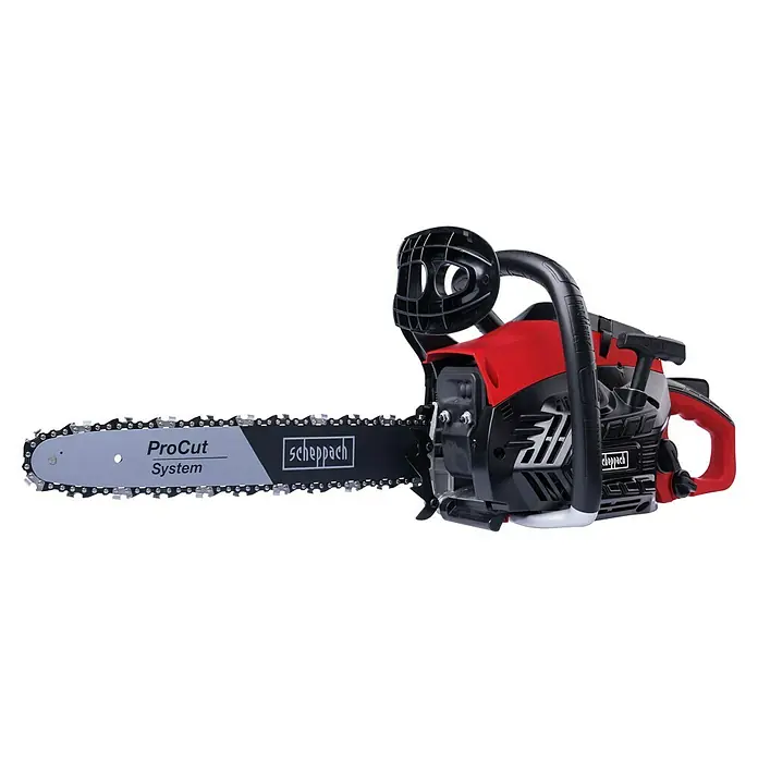 Scheppach Benzin-Kettensäge PCS38 - 1.300 W, 37,2 cm³, Schwertlänge: 35 cm, Max. Aststärke: 33,5 cm - Abbildung einer Scheppach-Kettensäge mit "ProCut System"-Klinge. Ideal für den professionellen Einsatz und anspruchsvolle Aufgaben.