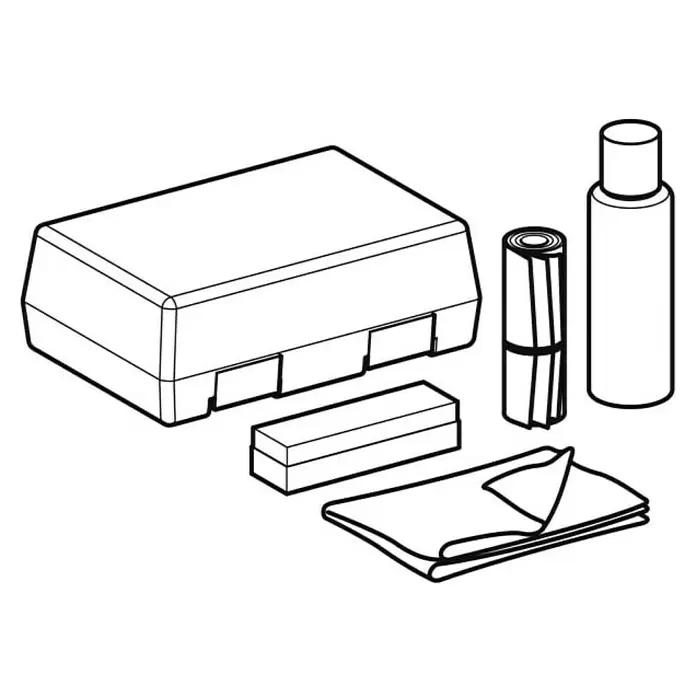 Geberit Reparatur-Set - 4 -tlg., Geeignet für: Acrylwannen - Reinigungsset: rechteckiges Gehäuse, Flasche, gerolltes Tuch, gefaltetes Tuch und kleiner rechteckiger Block.
