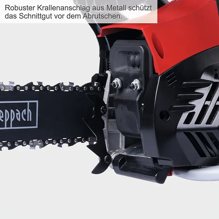 Scheppach Benzin-Kettensäge PCS38 - 1.300 W, 37,2 cm³, Schwertlänge: 35 cm, Max. Aststärke: 33,5 cm - Nahaufnahme einer Kettensäge von Scheppach mit robustem Krallenanschlag aus Metall zum Schutz vor dem Abrutschen des Schnittguts.