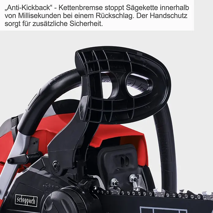 Scheppach Benzin-Kettensäge PCS38 - 1.300 W, 37,2 cm³, Schwertlänge: 35 cm, Max. Aststärke: 33,5 cm - Nahaufnahme einer Scheppach Kettensäge mit Kettenbremse und Handschutz, die für zusätzliche Sicherheit beim Sägen sorgt.